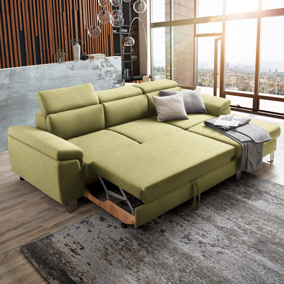 ECKSOFA in Webstoff Grün  - Silberfarben/Grün, Design, Textil/Metall (250/167cm) - Xora