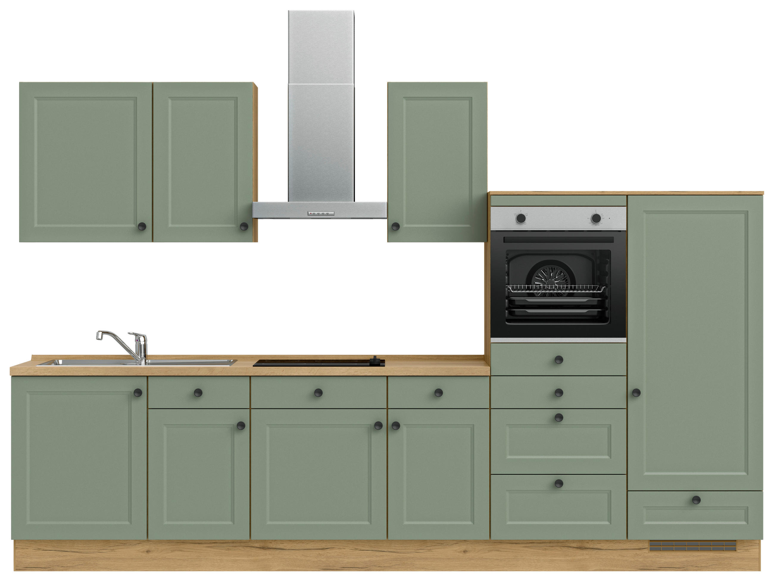 Bucătărie Fără Electrocasnice  - verde/culoare lemn stejar, Modern, metal/material pe bază de lemn (330cm) - Nobilia