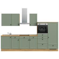 Bucătărie Fără Electrocasnice  - verde/culoare lemn stejar, Modern, metal/material pe bază de lemn (330cm) - Nobilia