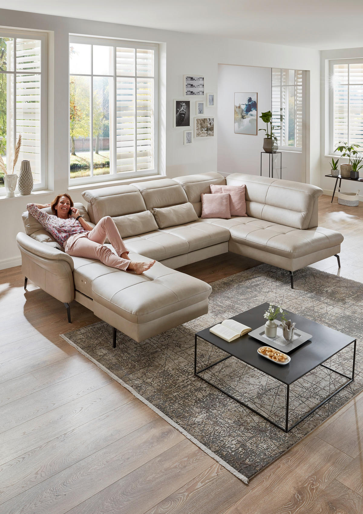 WOHNLANDSCHAFT Beige Echtleder  - Beige/Schwarz, Design, Leder/Metall (181/336/206cm) - Beldomo Speed