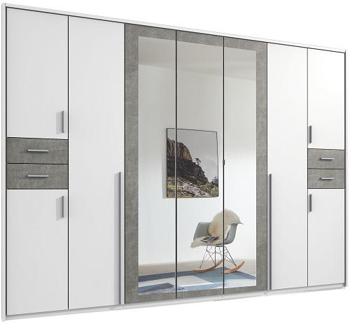 KLEIDERSCHRANK 9-türig Weiß, Hellgrau - Silberfarben/Hellgrau, Basics, Holzwerkstoff/Kunststoff (313/208/58cm) - MID.YOU