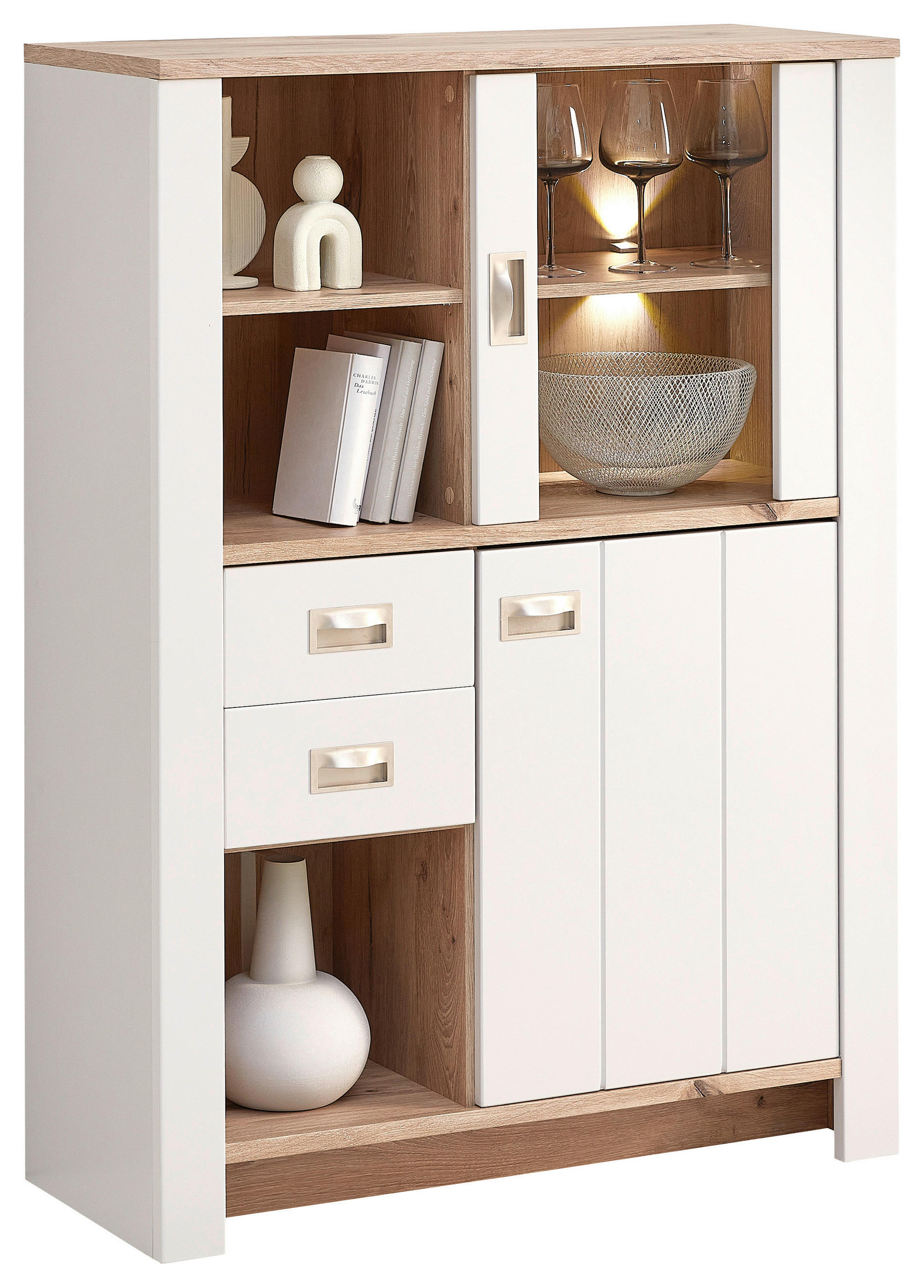 HIGHBOARD Grau, Eichefarben Beleuchtung, Einlegeböden  - Eichefarben/Schwarz, KONVENTIONELL, Glas/Holzwerkstoff (97,2/133,7/38,2cm) - Hom`in