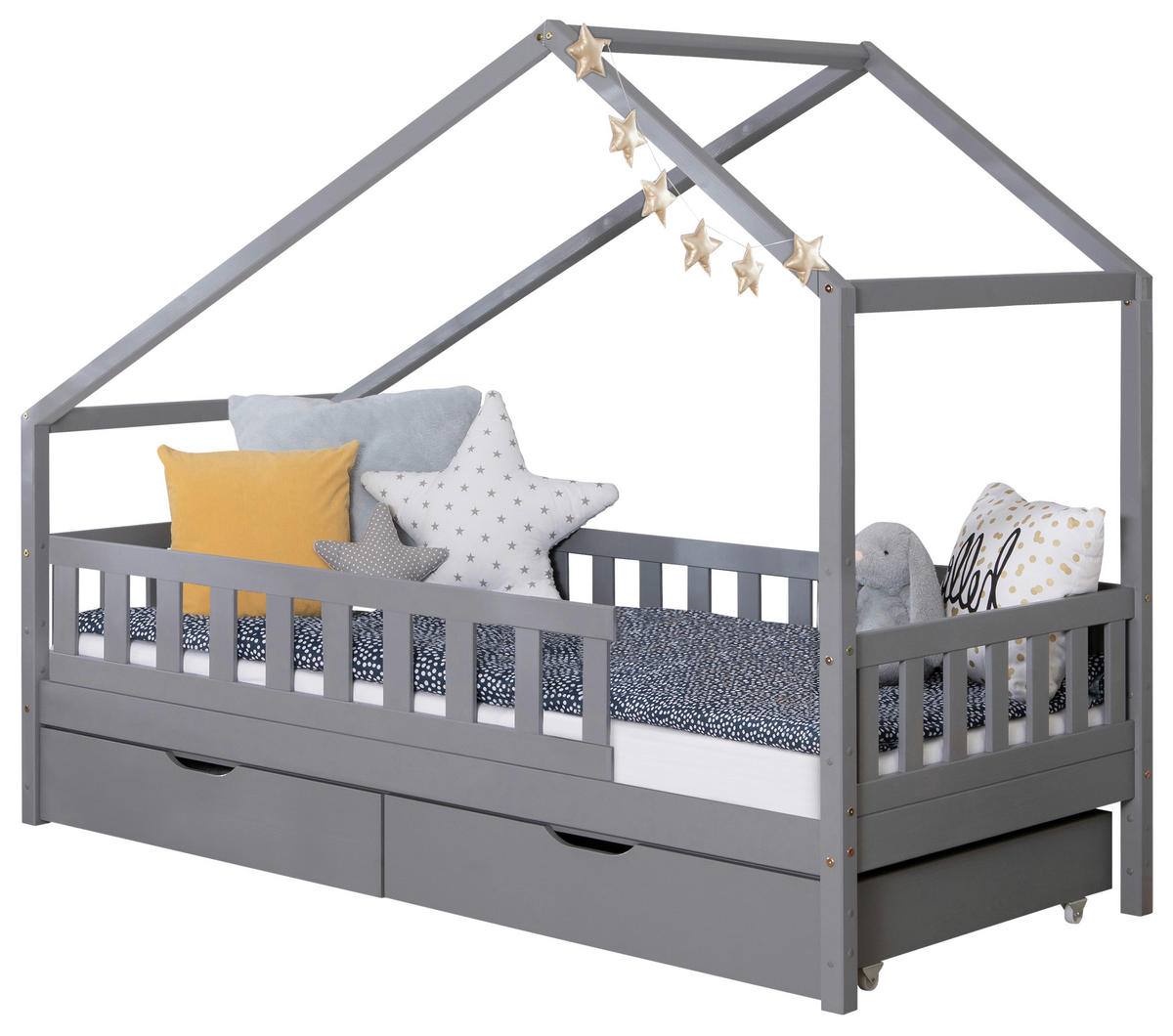 HAUSBETT 90/200 cm,  in Hellgrau, Absturzsicherung, Rollrost, Bettschublade  - Hellgrau/Naturfarben, MODERN, Holz (90/200cm) - MID.YOU