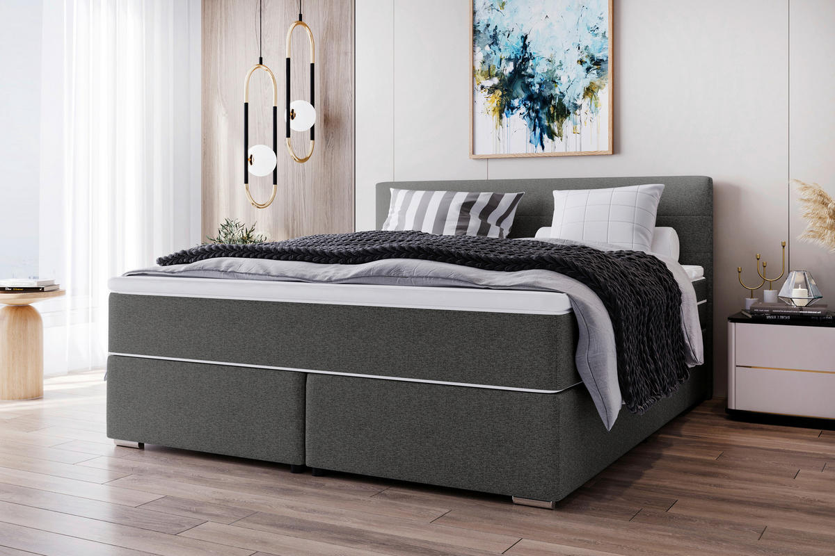 BOXSPRINGBETT 200/200 cm,  in Anthrazit, Topper, Matratzen, H3 = fest  - Chromfarben/Anthrazit, KONVENTIONELL, Kunststoff/Textil (200/200cm) - Boxxx