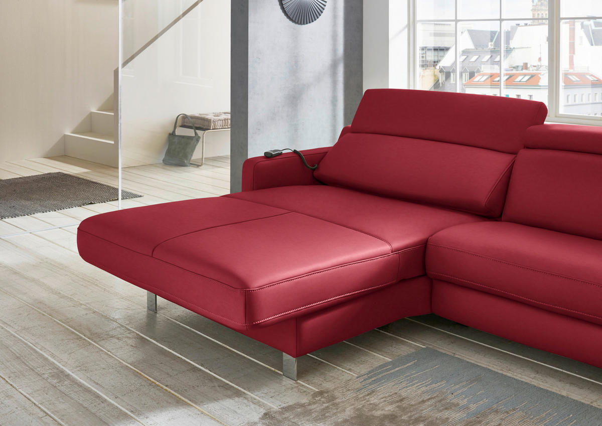 ECKSOFA in Echtleder Rot  - Chromfarben/Rot, Design, Leder/Metall (176/291cm) - Valdera