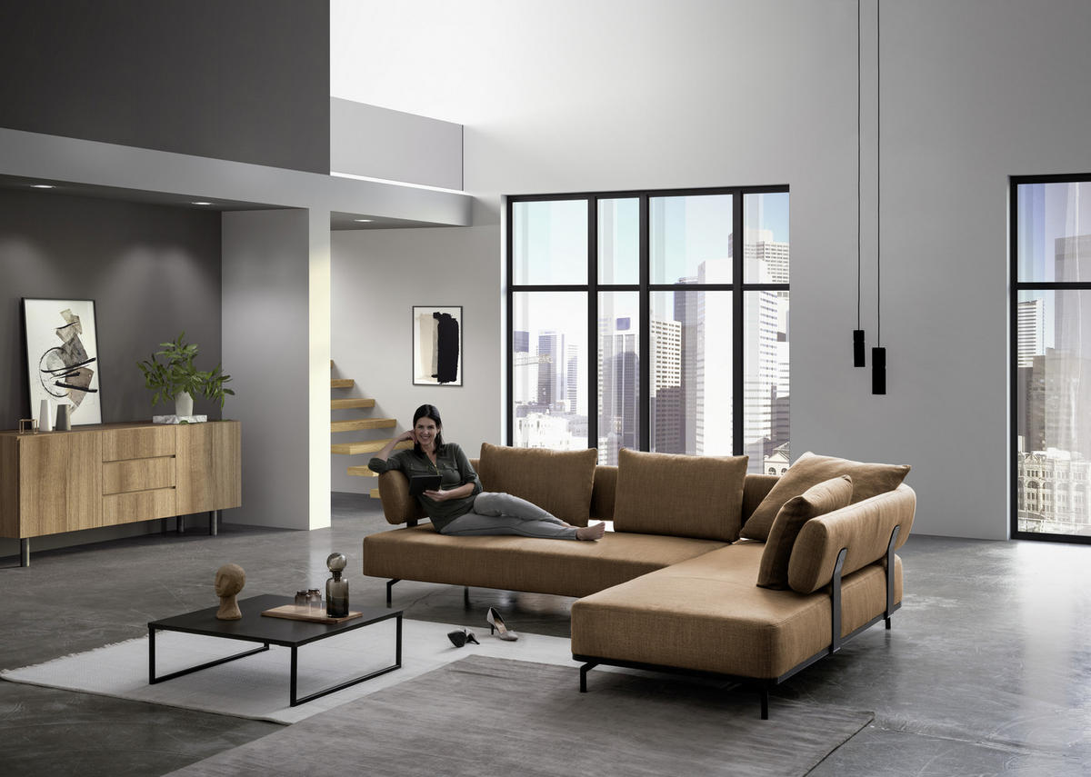 ECKSOFA in Echtleder Dunkelgelb  - Dunkelgelb/Schwarz, Design, Leder/Metall (282/222cm) - Dieter Knoll