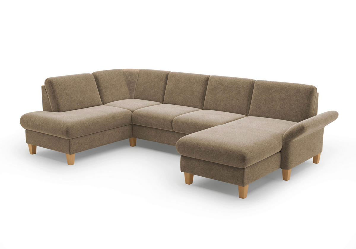 WOHNLANDSCHAFT Hellbraun Flachgewebe  - Hellbraun/Eichefarben, KONVENTIONELL, Holz/Textil (195/314/164cm) - Sit & More