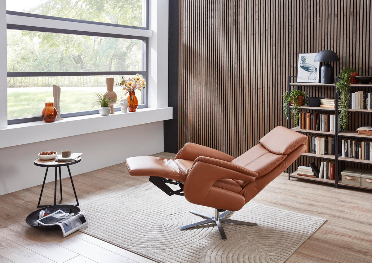 RELAXSESSEL in Leder Braun  - Edelstahlfarben/Braun, Design, Leder/Metall (70/124/85cm) - Cantus
