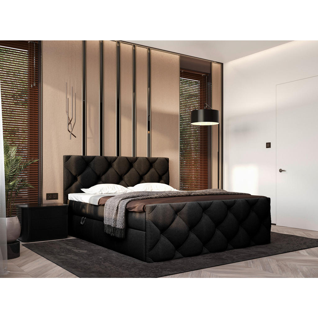 Thumbnail - Carryhome Boxbett, Schwarz, Textil, H3, Höhe ca. 20 cm, 200x200 cm, Bettkasten, gepolstertes Kopfteil, Topper durchgehen...