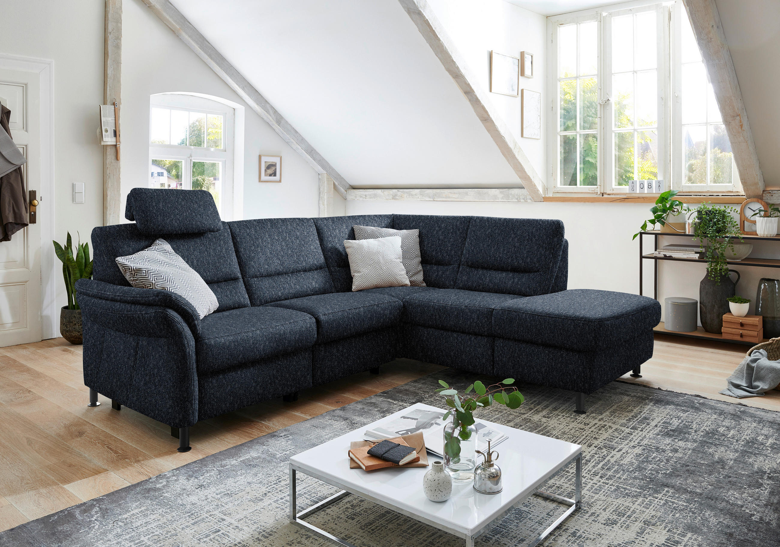ECKSOFA in Flachgewebe Dunkelblau  - Schwarz/Dunkelblau, Modern, Textil/Metall (227/203cm) - Beldomo System