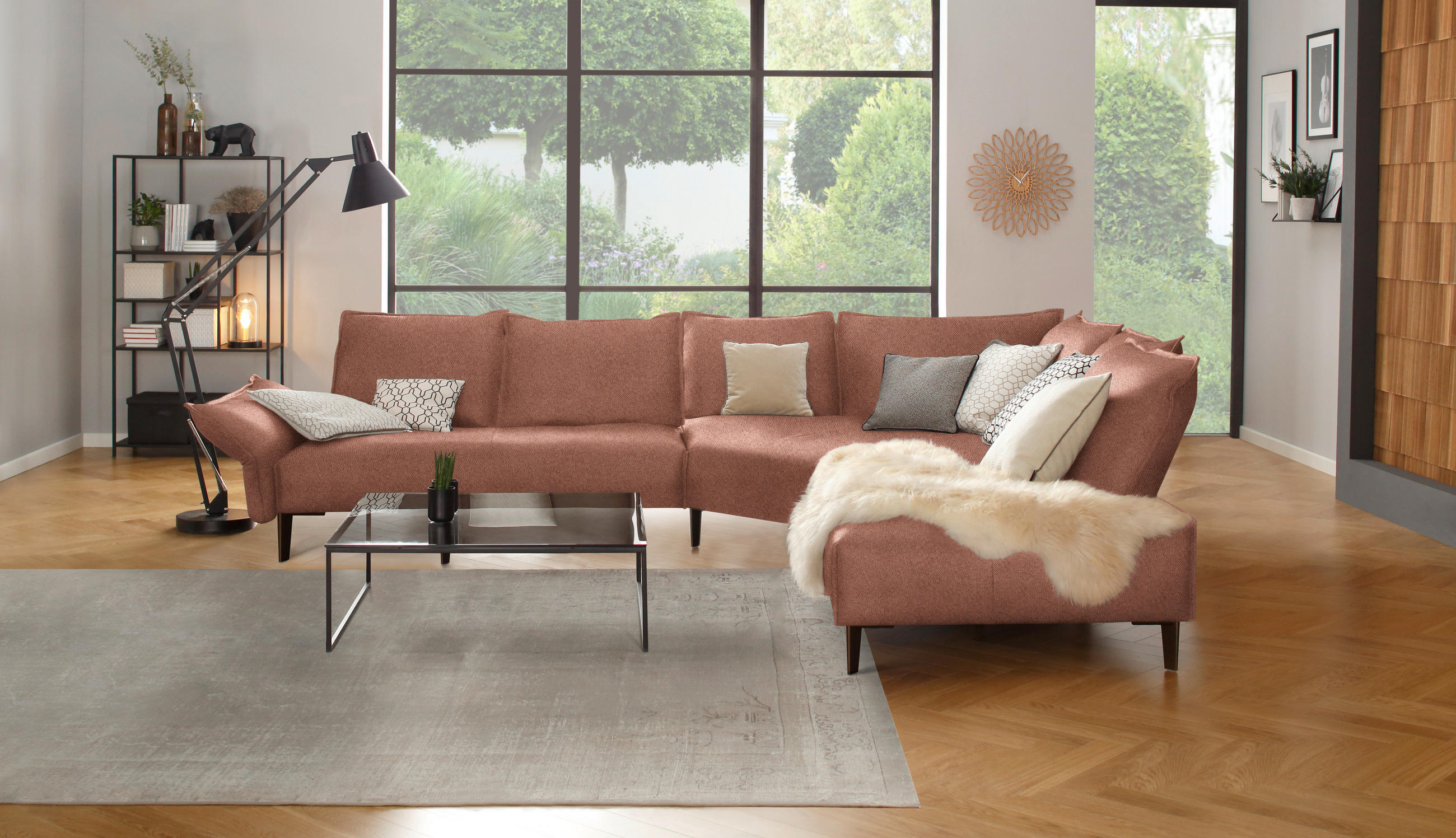 ECKSOFA in Webstoff Terracotta  - Terracotta/Schwarz, Modern, Textil/Metall (340/272cm) - W.Schillig