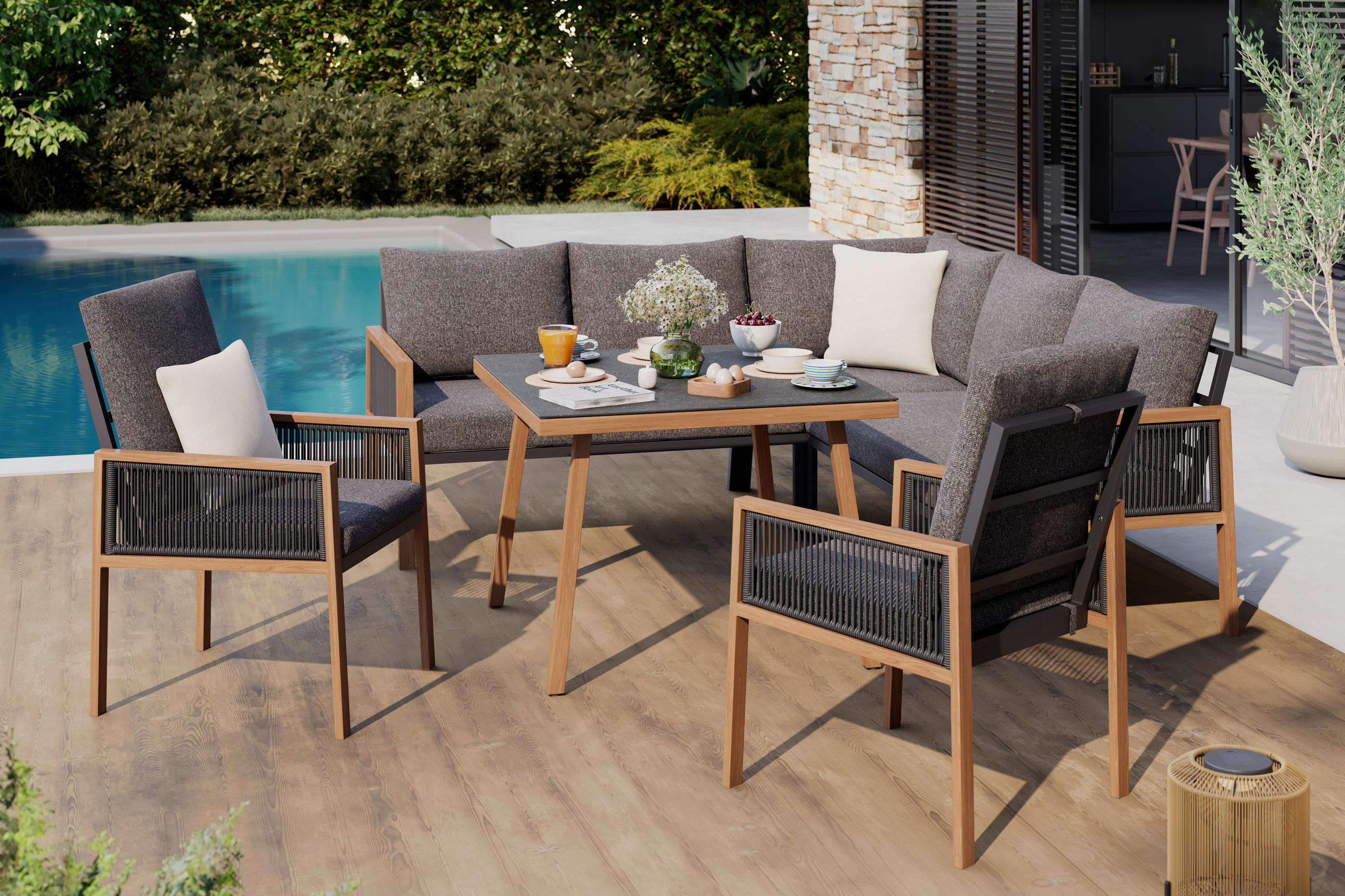 Ambia Garden Dining-Loungeset Anthrazit, Natur 202.5x202.5 cm