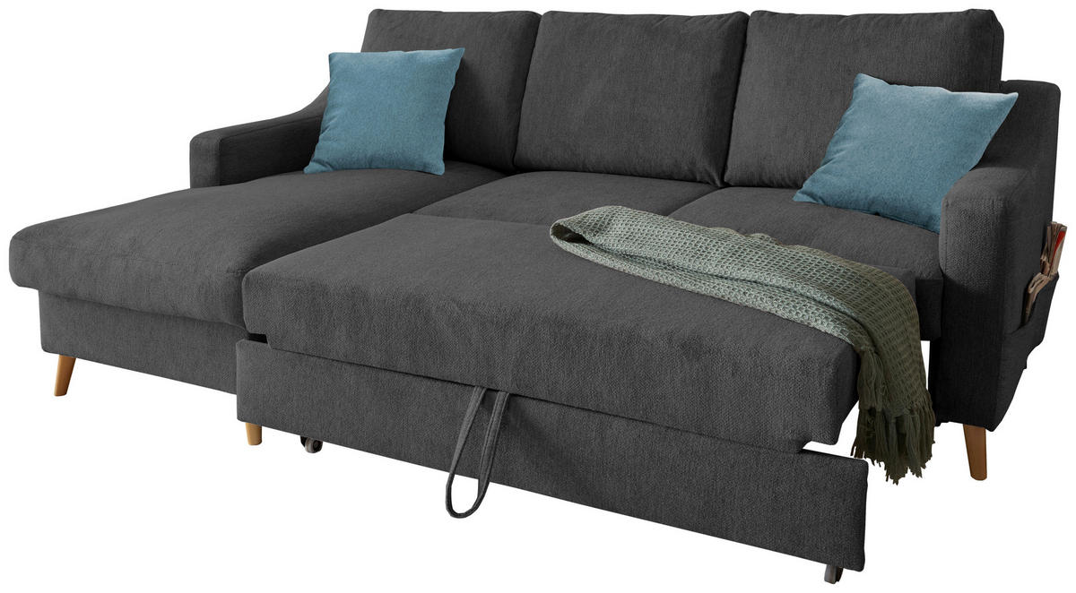 ECKSOFA Mikrofaser Schwarz  - Blau/Schwarz, Design, Holz/Textil (150/228cm) - MID.YOU