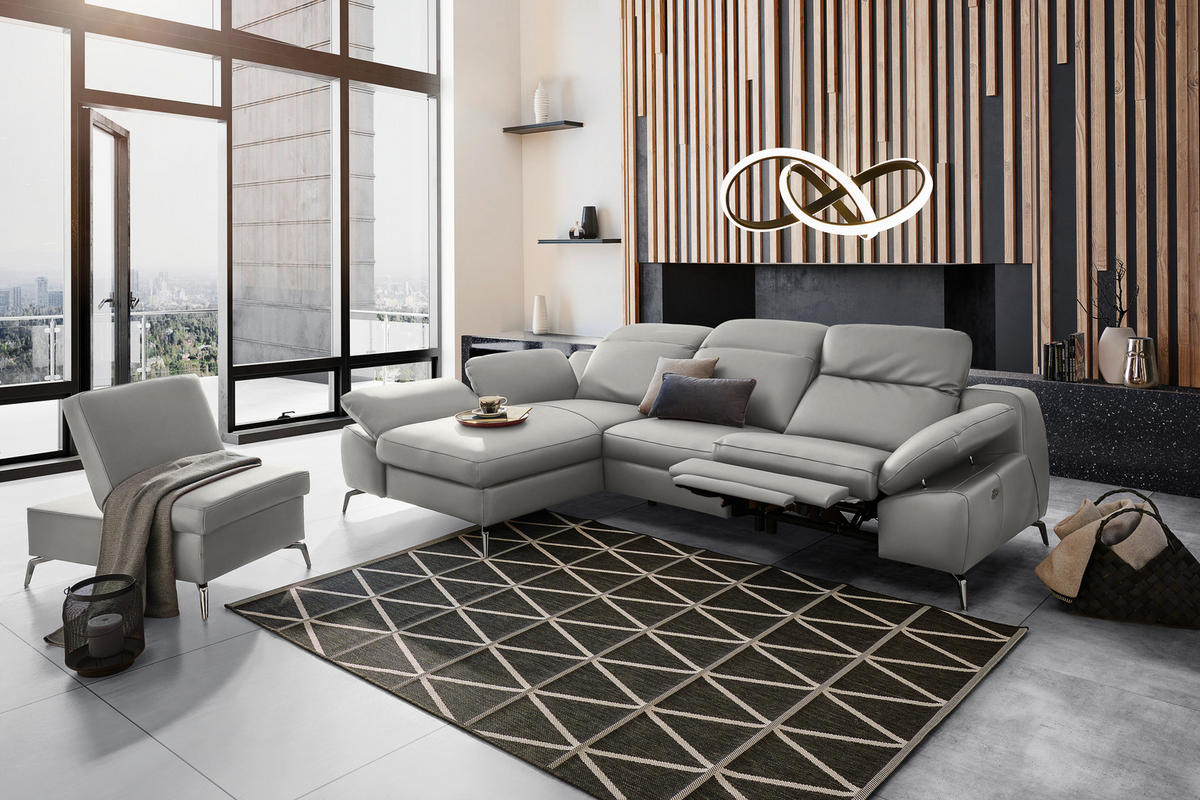 ECKSOFA in Echtleder Grau  183/286 cm  - Schwarz/Grau, Design, Leder/Metall (183/286cm) - Celina Home