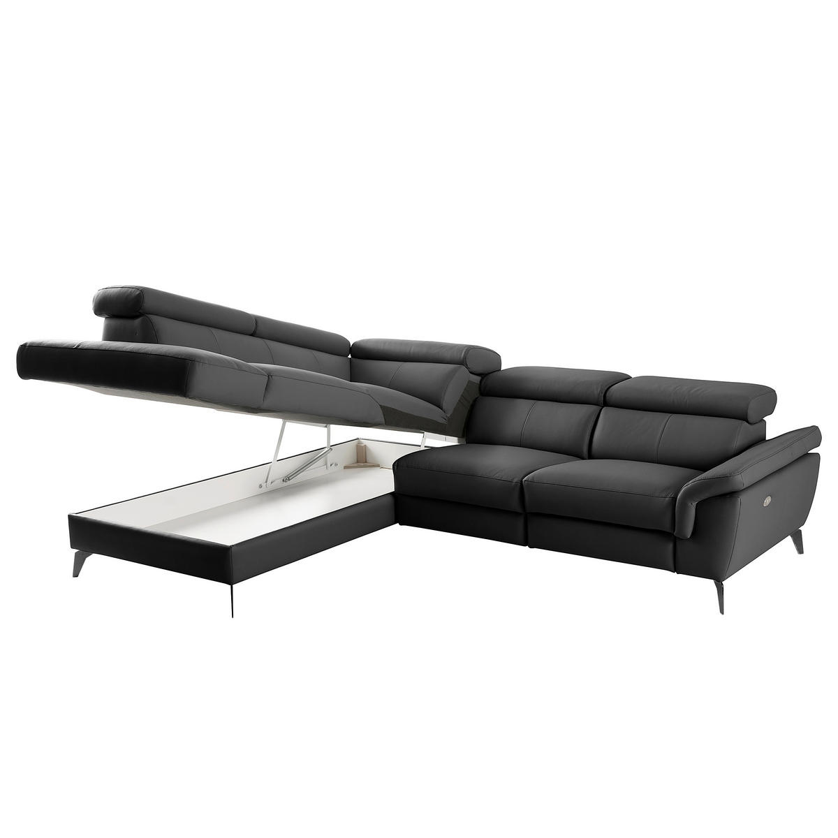 ECKSOFA SONO in Lederlook Echtleder Schwarz Bettkasten, Armteilverstellung, Kopfteilverstellung  210/265 cm  - Schwarz, Design, Leder/Textil (210/265cm) - Livetastic