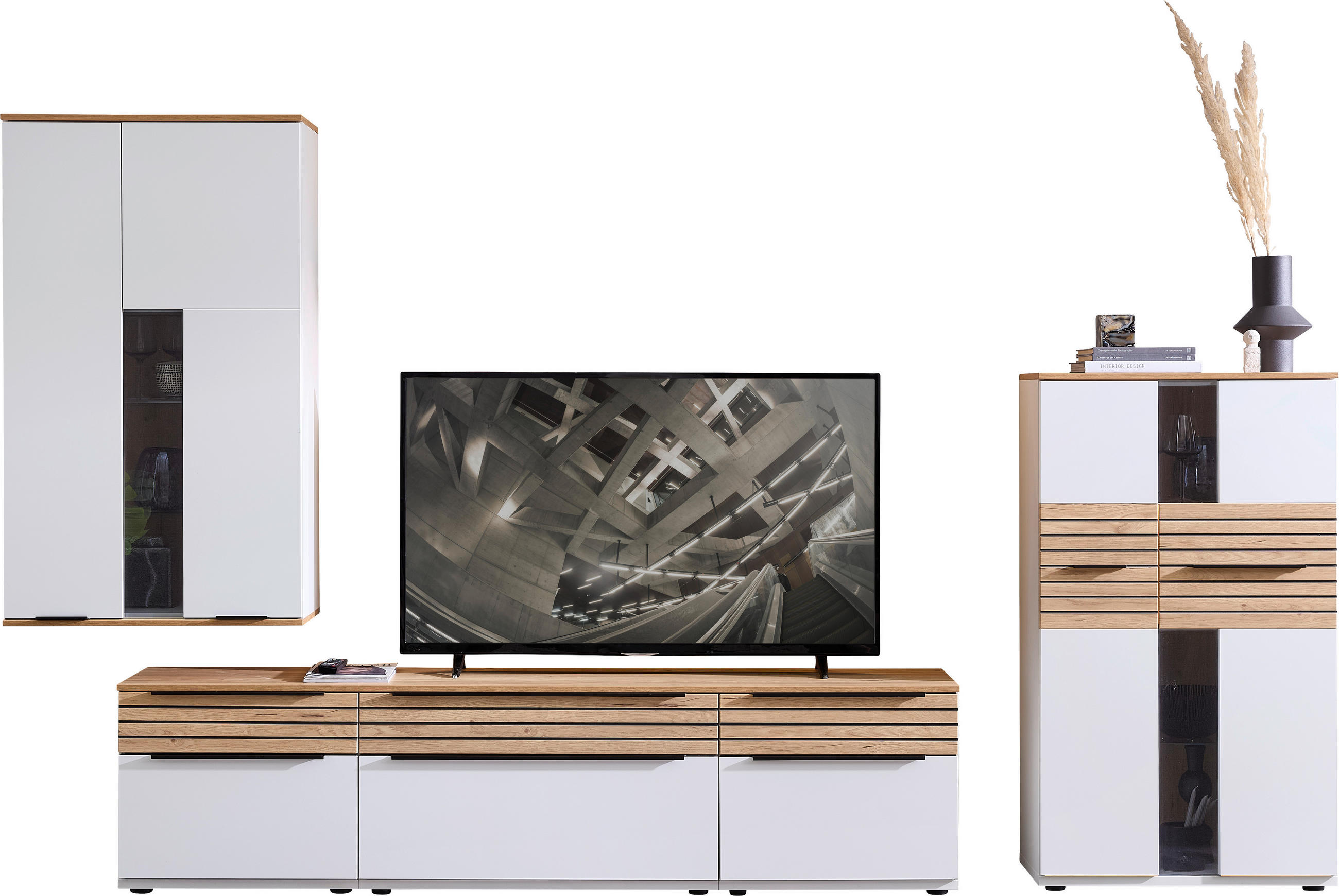 WOHNWAND  in Weiß, Eichefarben  330/215/45 cm  - Eichefarben/Schwarz, KONVENTIONELL, Glas/Holzwerkstoff (330/215/45cm) - Venda