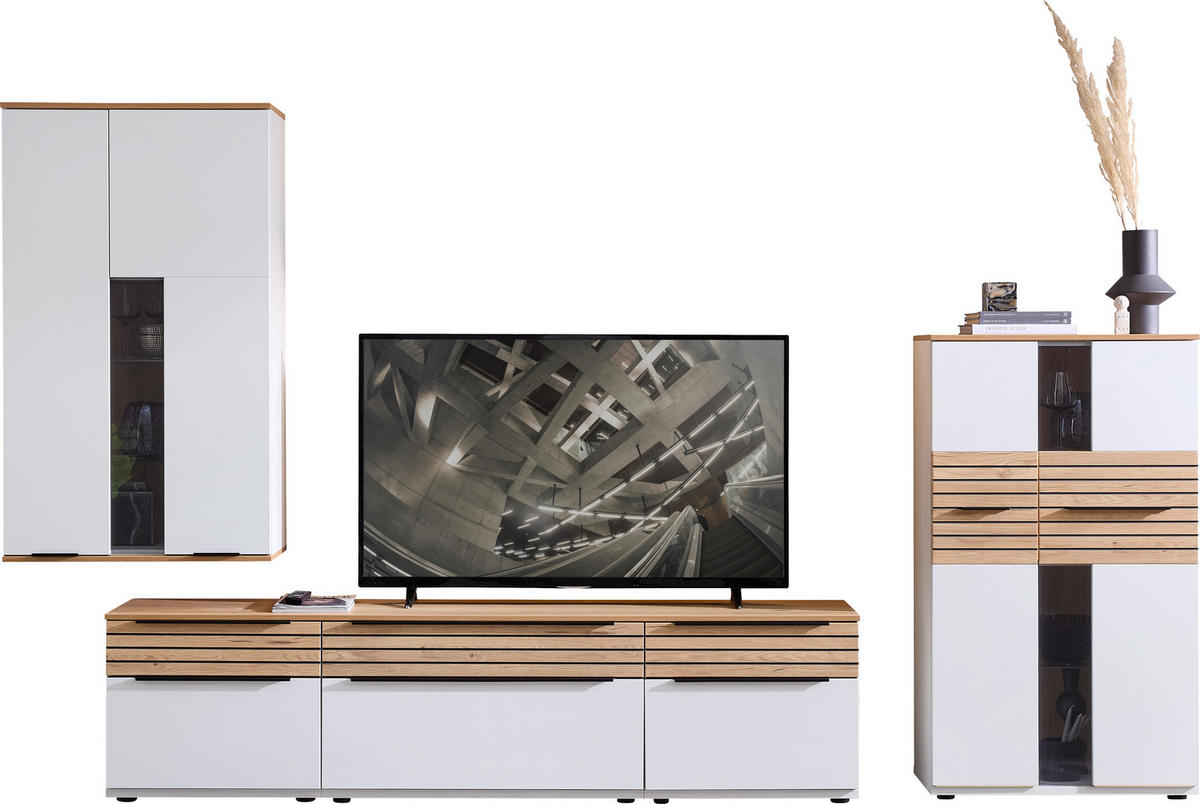 WOHNWAND  in Weiß, Eichefarben  330/215/45 cm  - Eichefarben/Schwarz, KONVENTIONELL, Glas/Holzwerkstoff (330/215/45cm) - Venda