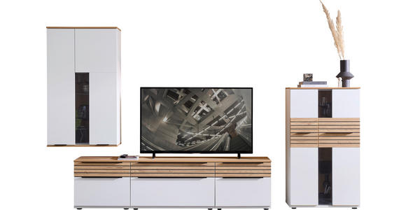 WOHNWAND  in Weiß, Eichefarben  330/215/45 cm  - Eichefarben/Schwarz, KONVENTIONELL, Glas/Holzwerkstoff (330/215/45cm) - Venda