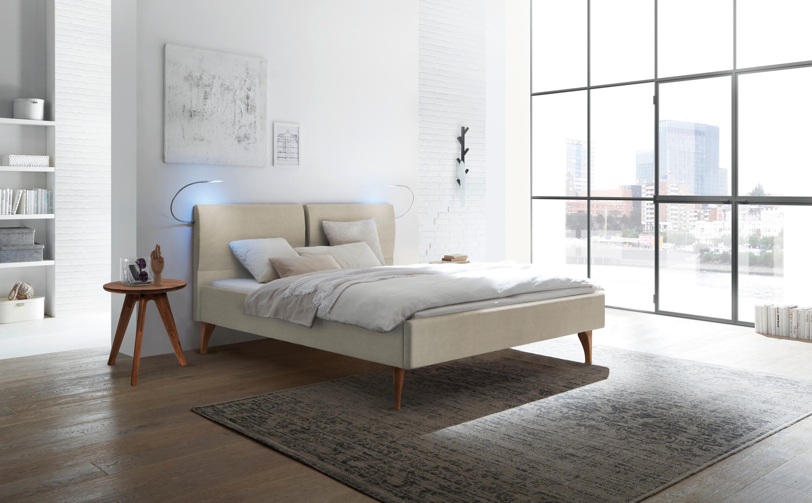 Thumbnail - Hasena Polsterbett, Nussbaum, Beige, Textil, Nussbaum, massiv, 140x200 cm, gepolstertes Kopfteil, in verschiedenen Holza...