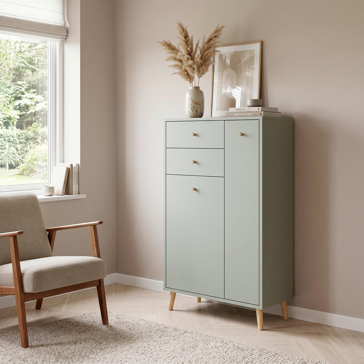 HIGHBOARD  60,2/103,4/33,05 cm 2 Schublade(n)  - Weiß/Grün, Design, Holz/Holzwerkstoff (60,2/103,4/33,05cm) - MID.YOU