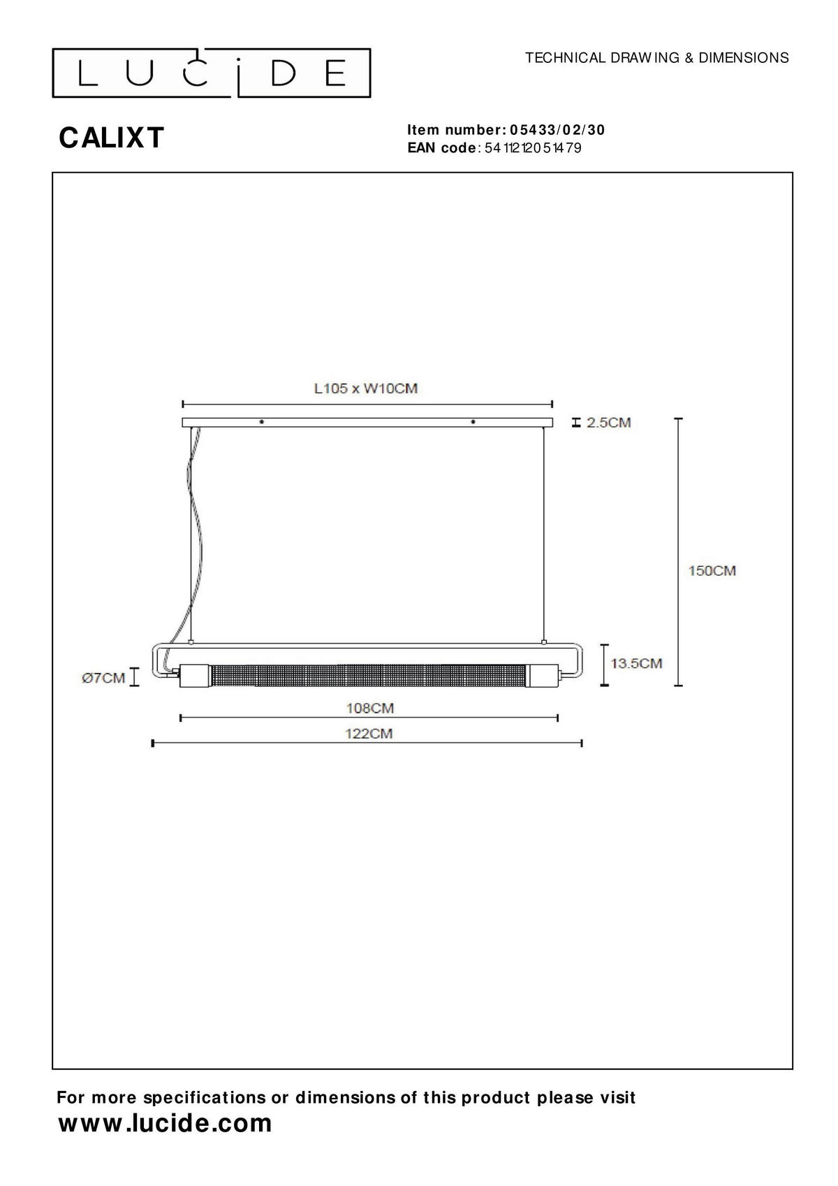 HÄNGELEUCHTE CALIXT 122/10/150 cm   - Schwarz, LIFESTYLE, Metall (122/10/150cm) - Lucide