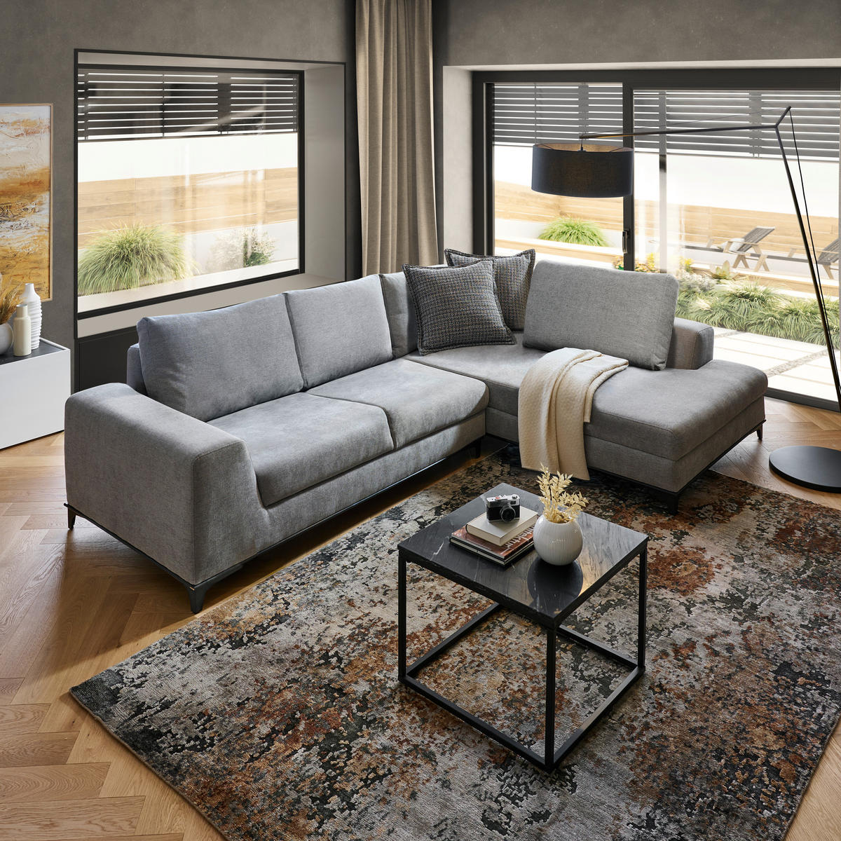 ECKSOFA in Webstoff Grau  - Schwarz/Grau, Design, Textil/Metall (314/211cm) - Stylife
