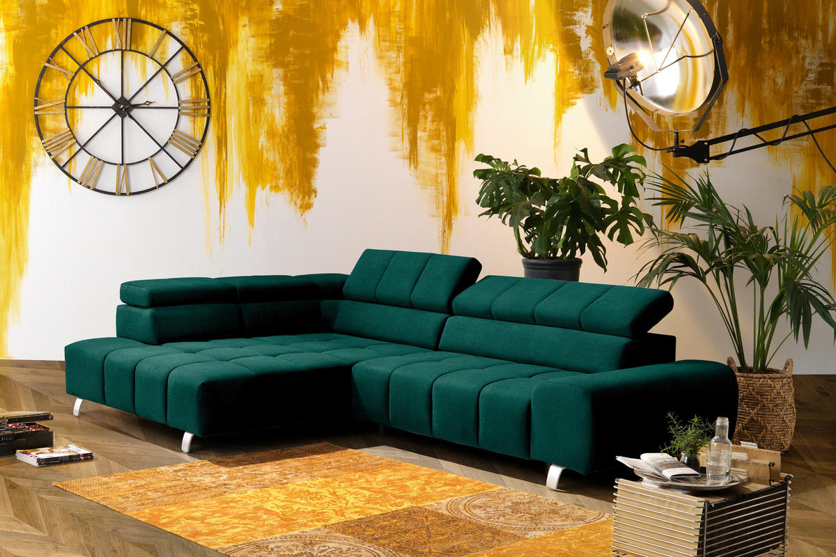 ECKSOFA in Webstoff Grün  201/295 cm  - Dunkelgrau/Silberfarben, Design, Textil/Metall (201/295cm) - Hom`in
