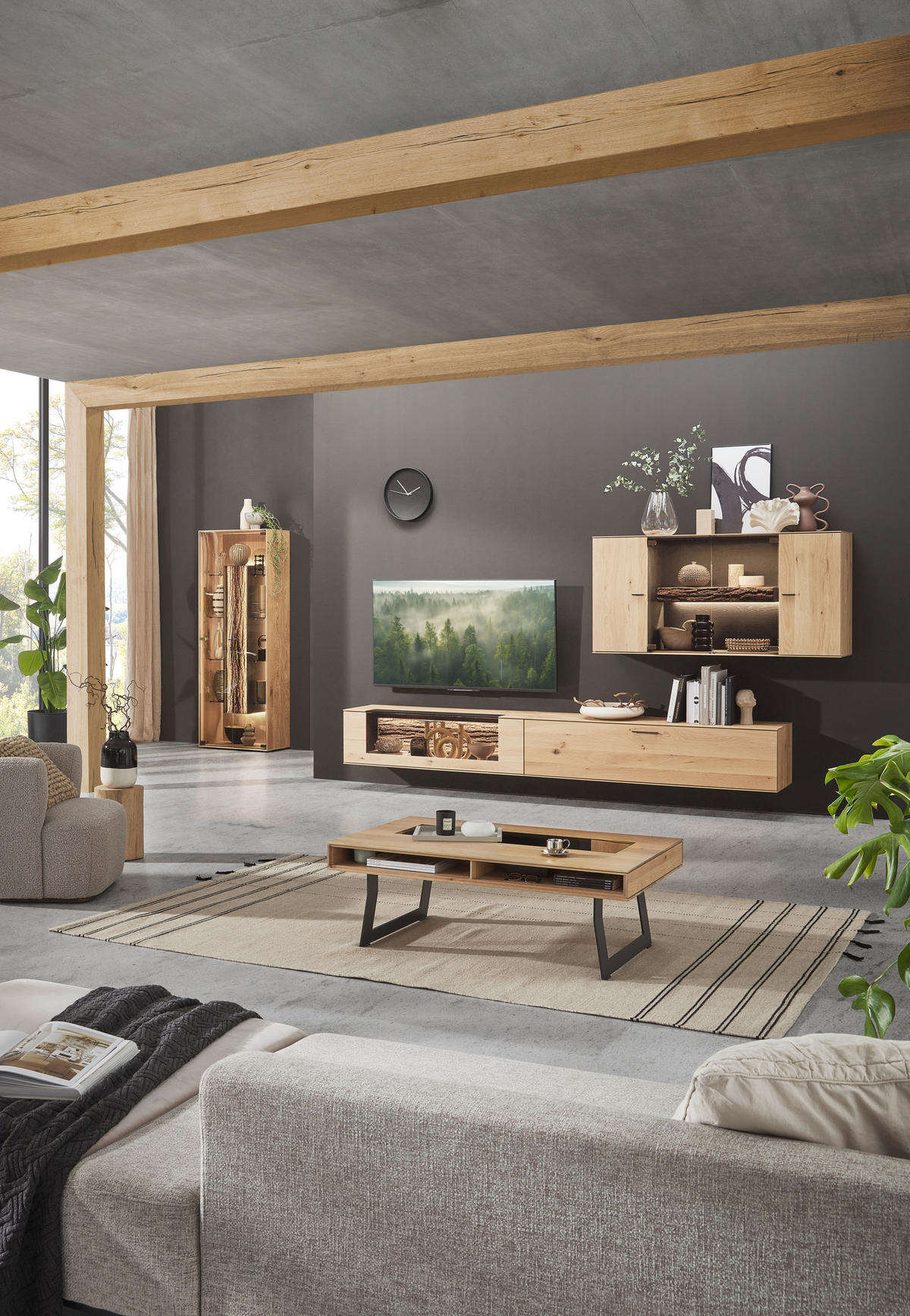 WOHNWAND  in Anthrazit, Eichefarben  336/195/44 cm  - Eichefarben/Anthrazit, Design, Glas/Holz (336/195/44cm) - Valnatura