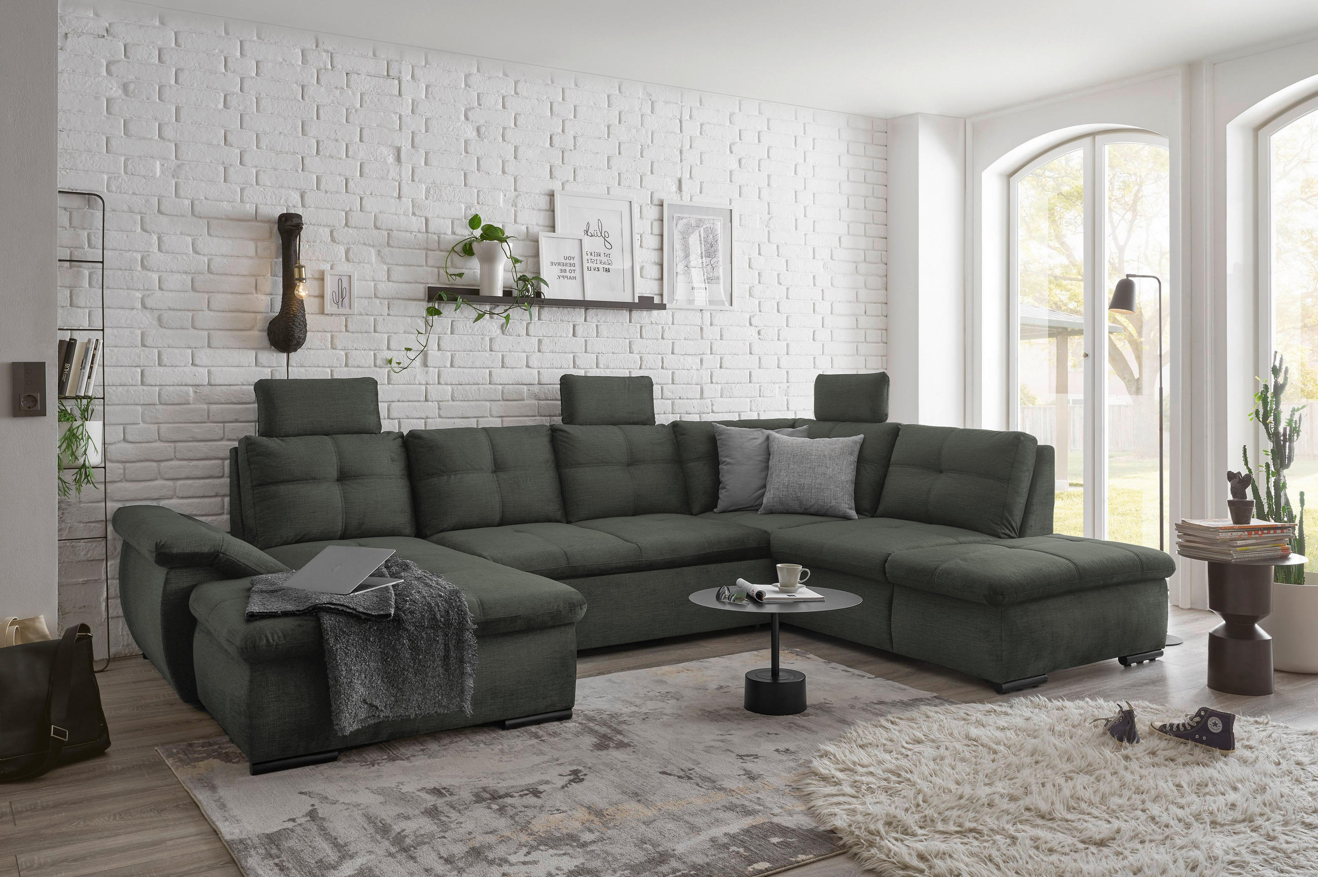 WOHNLANDSCHAFT in Mikrovelours Dunkelgrün - Dunkelgrün/Schwarz, Konventionell, Kunststoff/Textil (127/334/217cm) - Carryhome