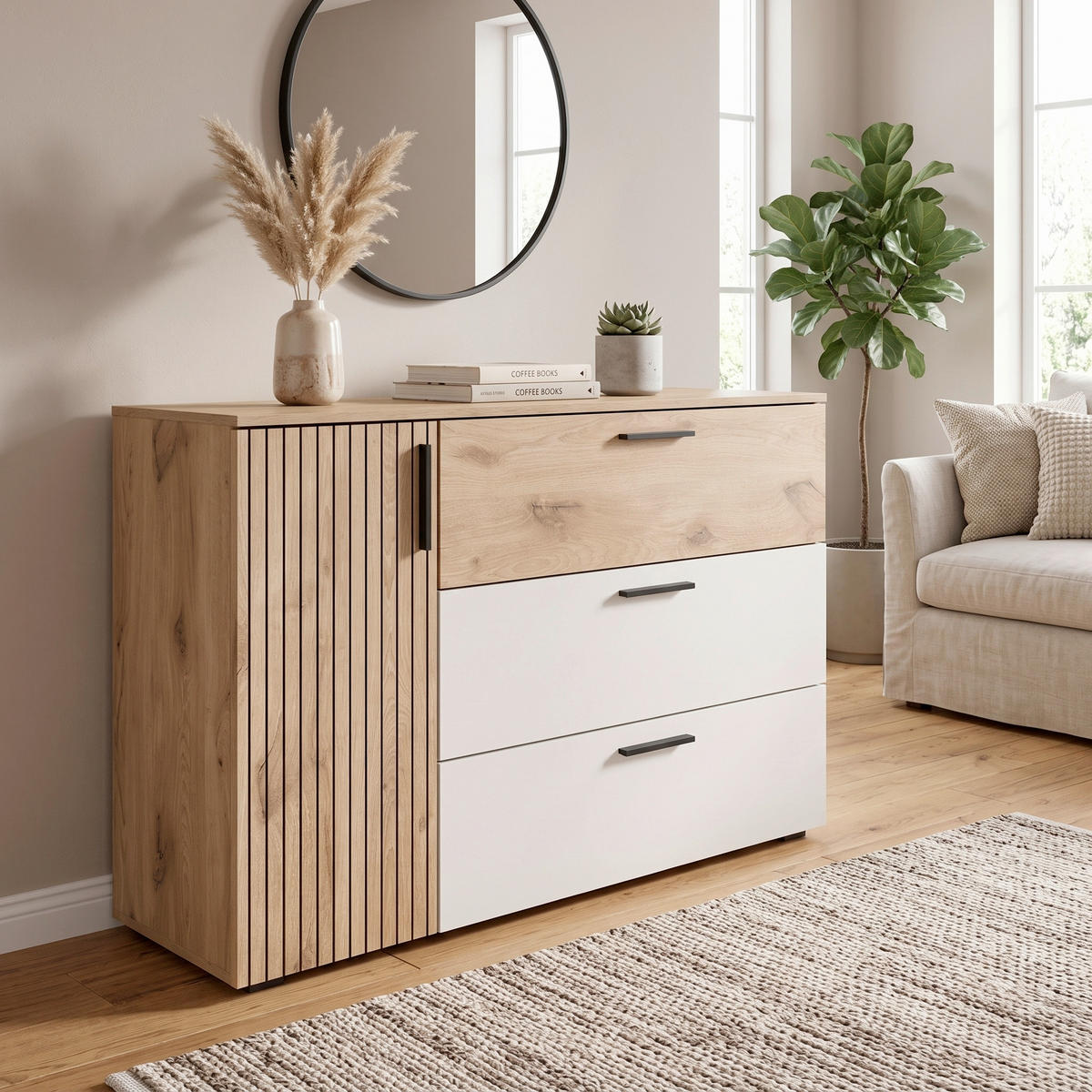 KOMODA S VRATIMA - boja hrasta/bela, Moderno, pločasti materijal/plastika (125/82,6/40cm)