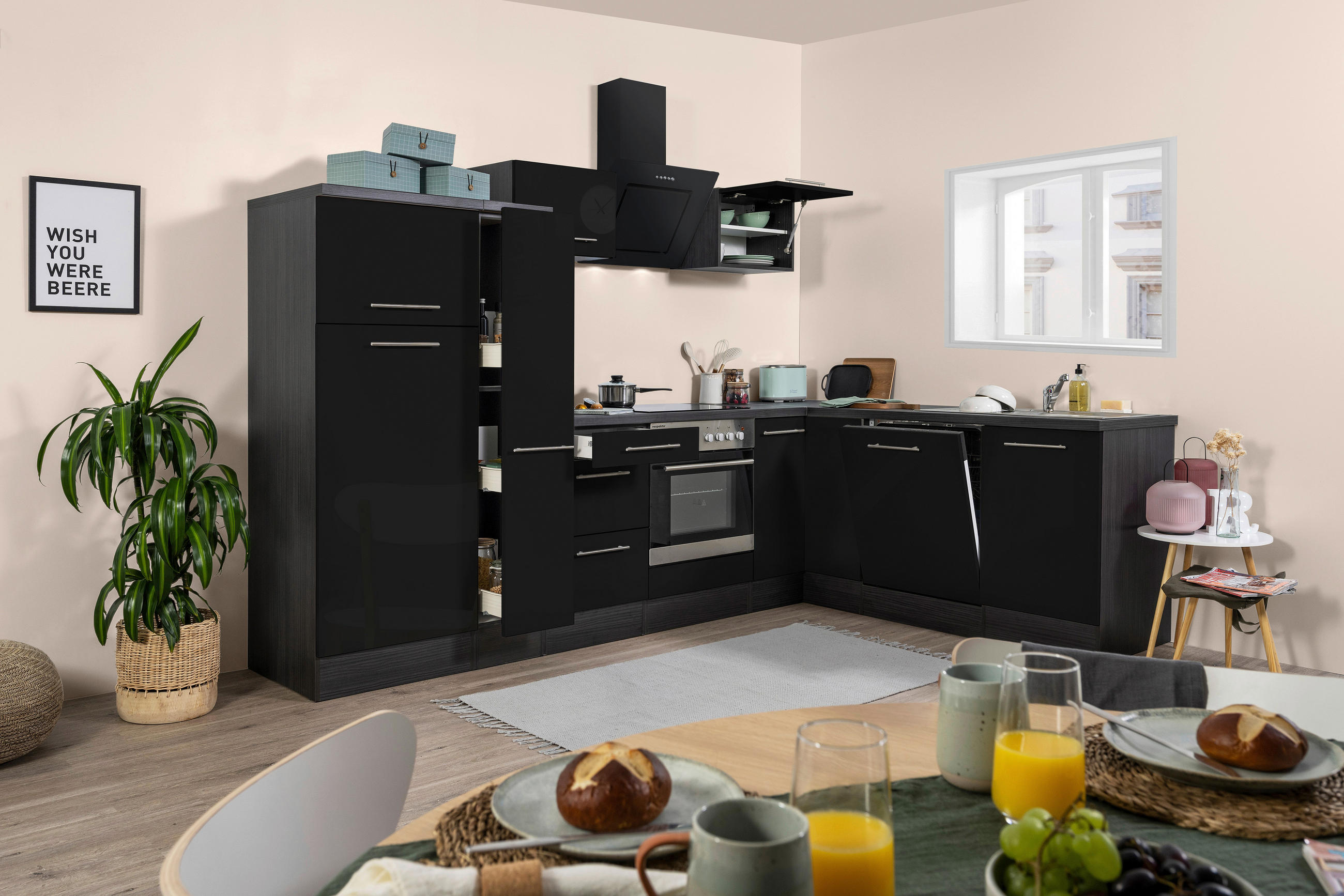 ECKKÜCHE 290/200 cm in Schwarz, Eichefarben - Edelstahlfarben/Eichefarben, Basics, Holzwerkstoff/Metall (290/200cm) - Respekta