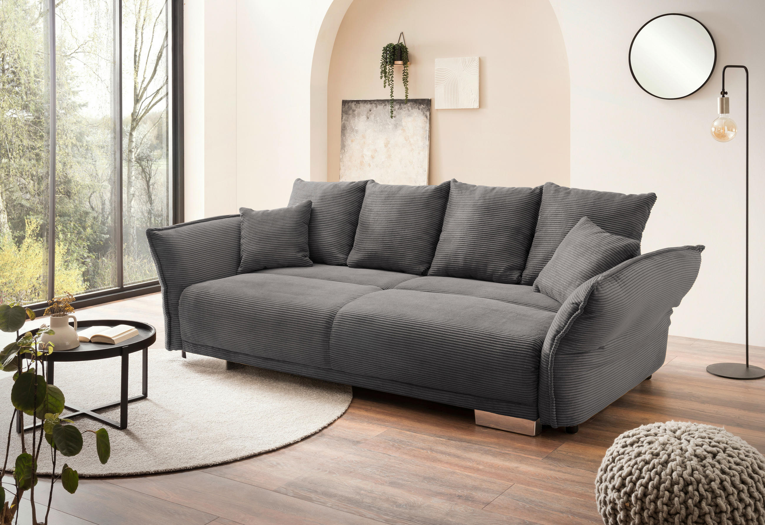 BIGSOFA in Cord Grau  - Chromfarben/Grau, MODERN, Kunststoff/Textil (242/71/90/131cm) - Livetastic