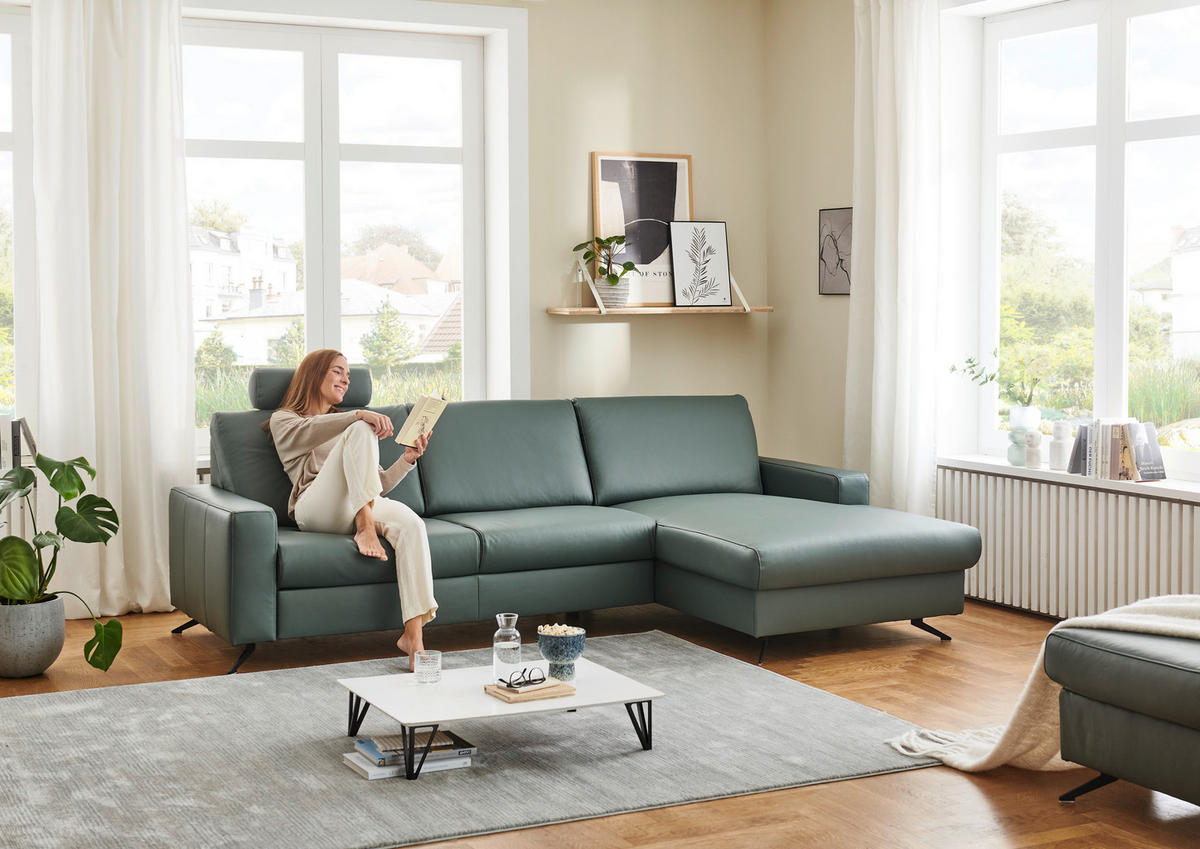 ECKSOFA Beldomo premium Opal Echtleder  - Opal/Schwarz, Design, Leder/Metall (267/165cm) - Beldomo Premium