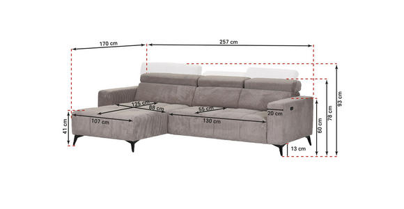 ECKSOFA Taupe Cord Rücken echt, Kopfteilverstellung, Sitzvorzug  - Taupe/Schwarz, KONVENTIONELL, Textil/Metall (170/257cm) - Carryhome