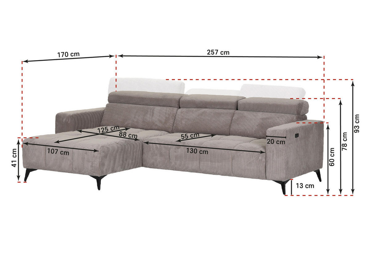 ECKSOFA Taupe Cord Rücken echt, Kopfteilverstellung, Sitzvorzug  - Taupe/Schwarz, KONVENTIONELL, Textil/Metall (170/257cm) - Carryhome