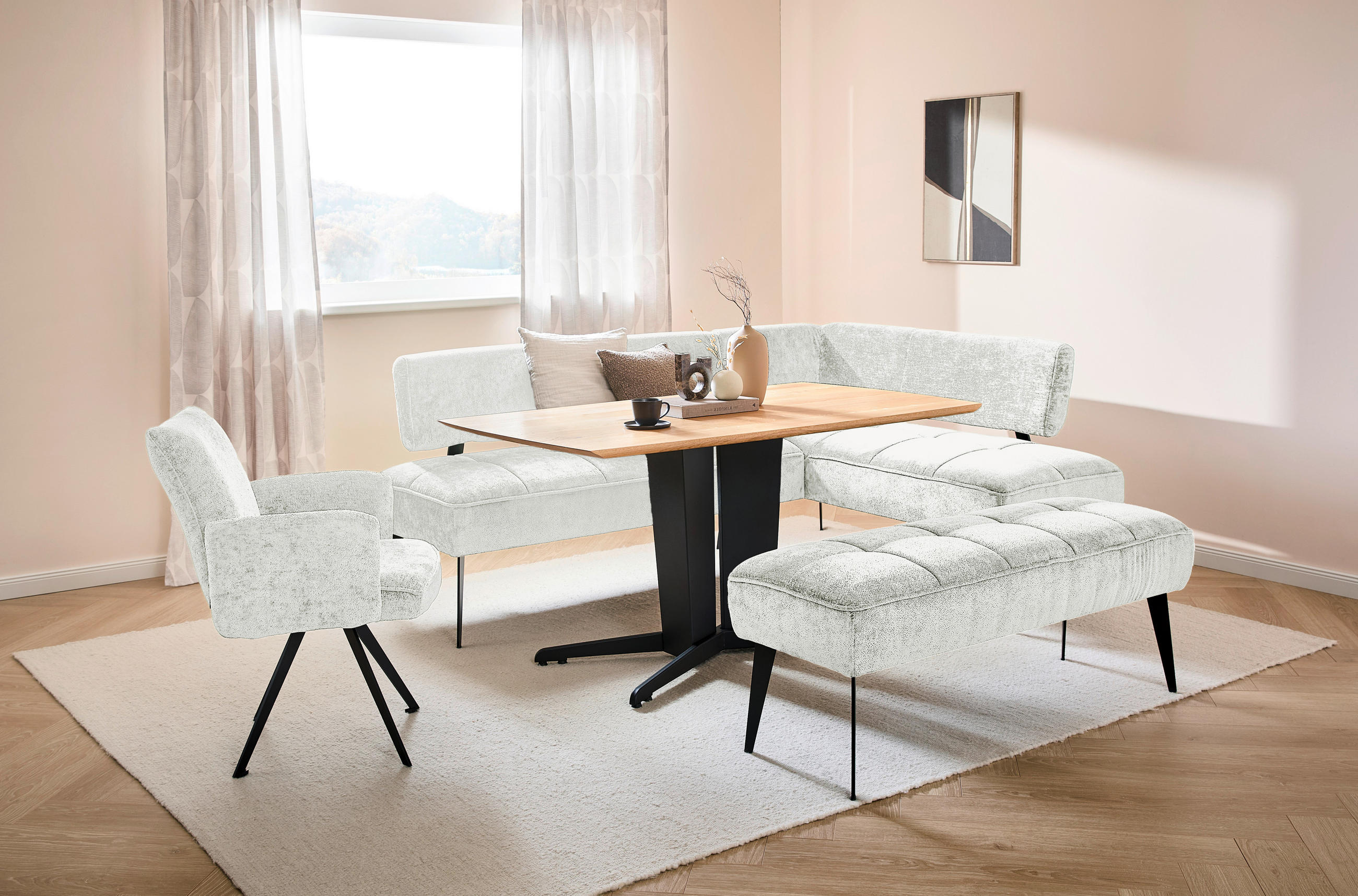 ECKBANK 212/162 cm Webstoff Weiß Metall   - Schwarz/Weiß, MODERN, Textil/Metall (212/162cm) - Welnova