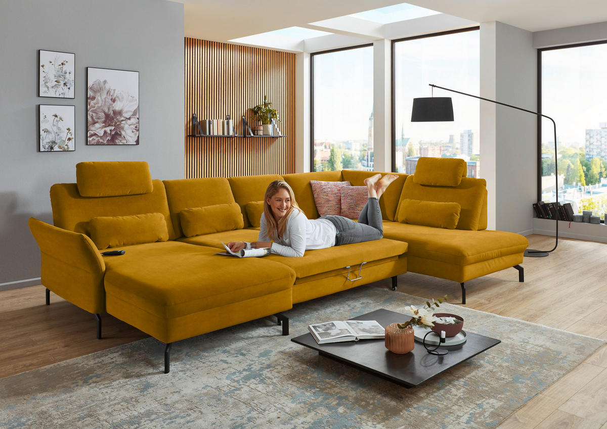 WOHNLANDSCHAFT in Velours Currygelb  - Currygelb/Schwarz, Design, Textil/Metall (179/335/220cm) - Beldomo System