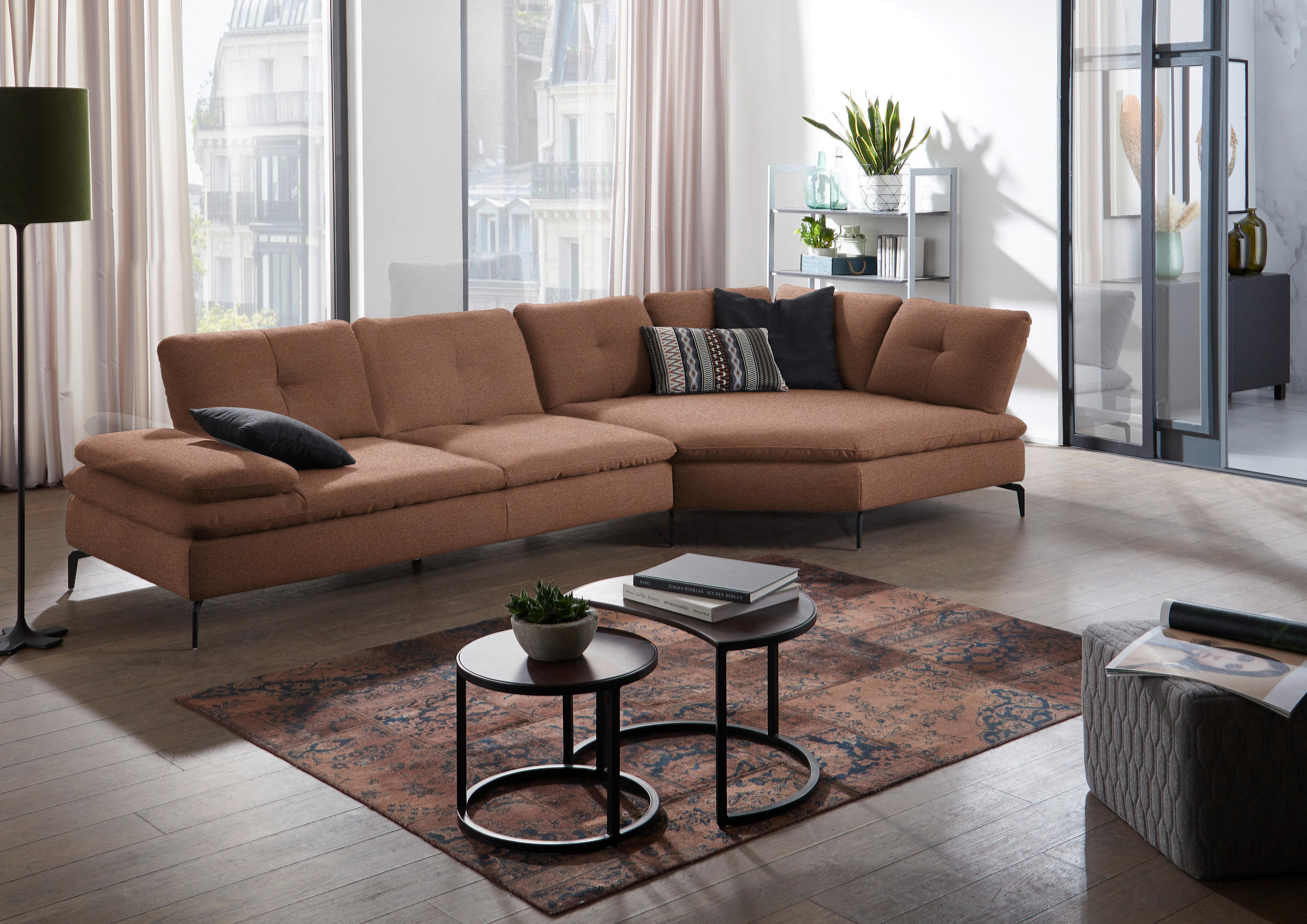 ECKSOFA in Flachgewebe Braun  - Schwarz/Braun, Design, Textil/Metall (344/157cm) - Chilliano