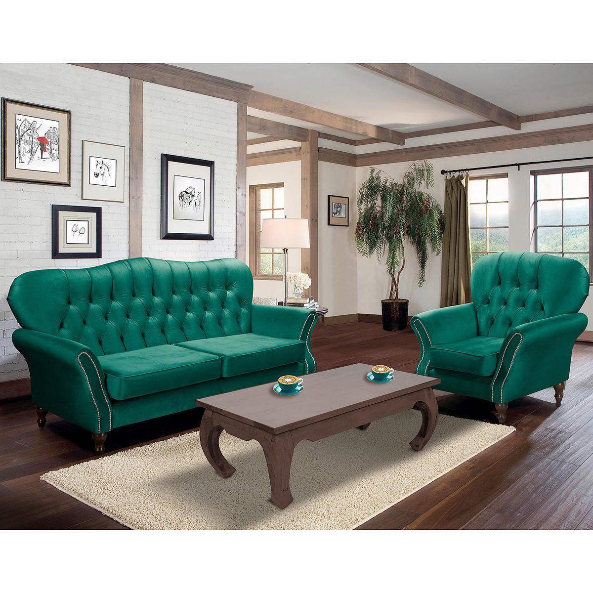 3-SITZER-SOFA Velours Grün  - Dunkelbraun/Grün, Design, Holz/Textil (210/98/95cm) - P & B