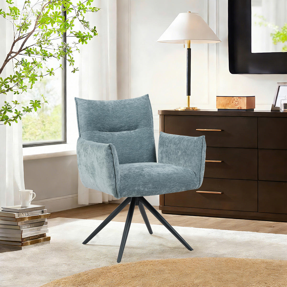 ARMLEHNSTUHL  Sitzfläche 360° drehbar, automatische Rückholfunktion Leinenoptik  - Blau/Schwarz, Design, Textil/Metall (67/86/62cm) - Stylife