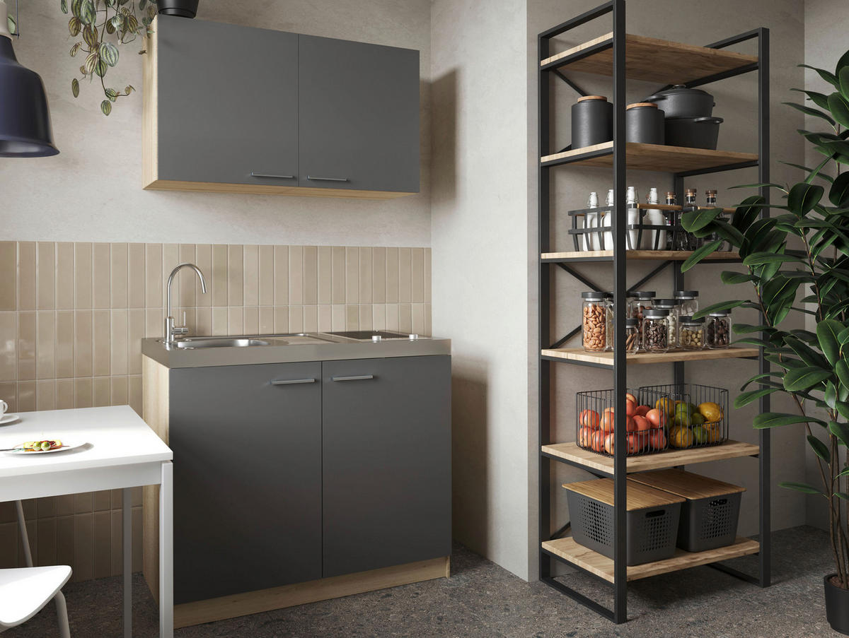 MINIKÜCHE 100 cm   in Grau, Eichefarben  - Eichefarben/Silberfarben, Basics, Holzwerkstoff/Metall (100cm) - Respekta