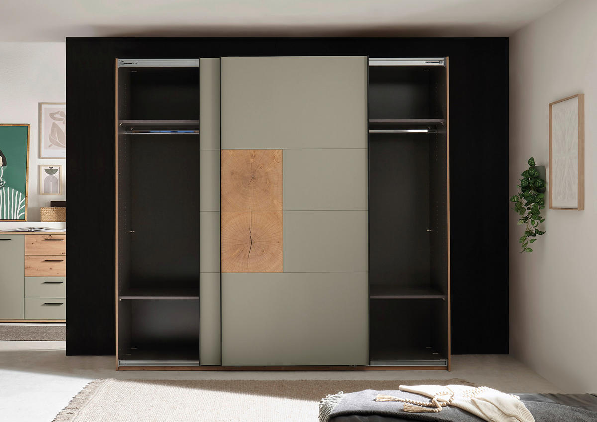 SCHWEBETÜRENSCHRANK  in Salbeigrün, Eiche Artisan  - Salbeigrün/Schwarz, KONVENTIONELL, Holzwerkstoff/Metall (240/225,5/63,7cm) - Xora