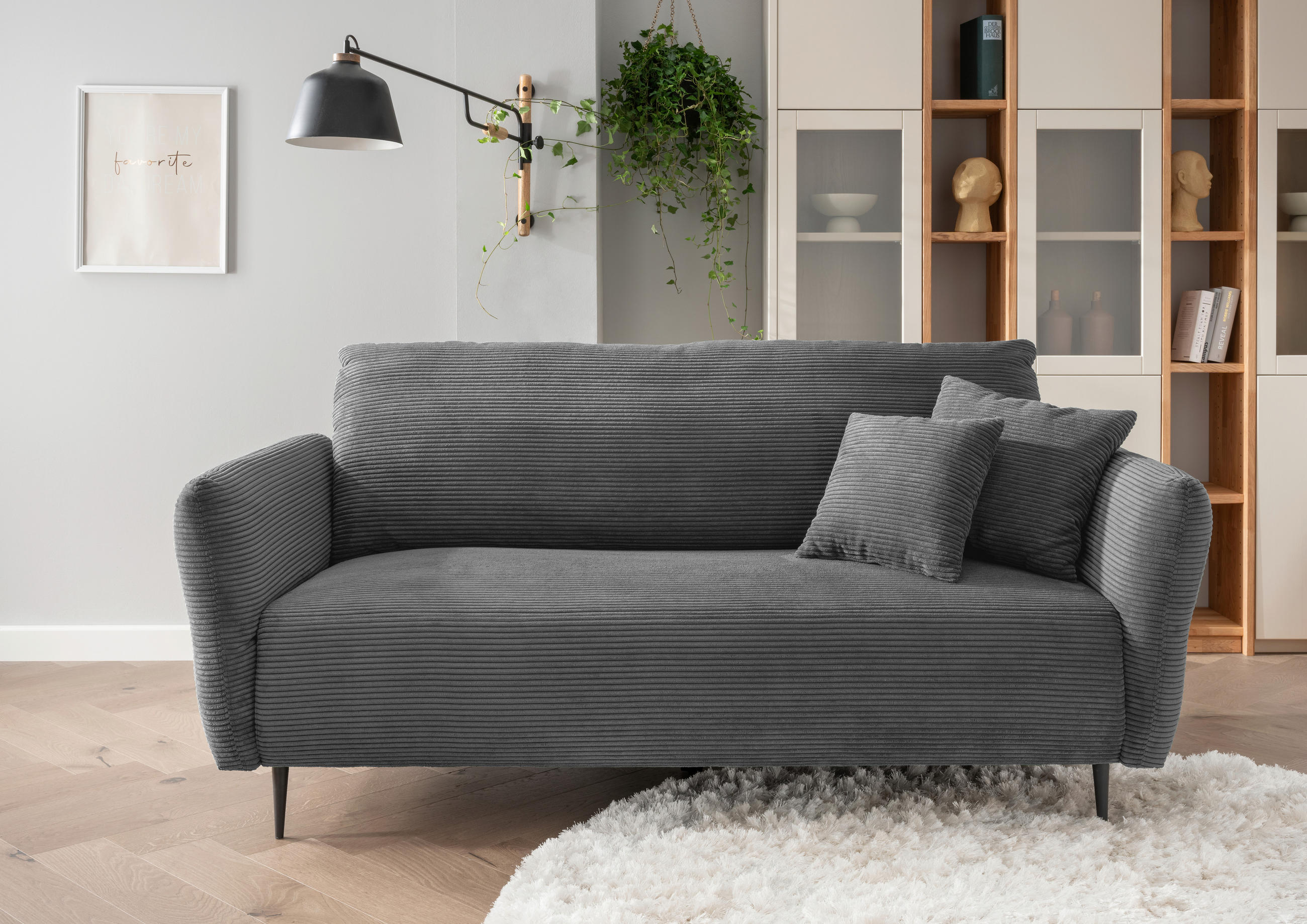 3-SITZER-SOFA in Cord Grau  - Schwarz/Grau, Design, Textil/Metall (201/97/102cm) - Livetastic