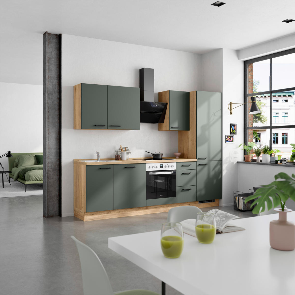 KÜCHENBLOCK Easytouch 270 cm  in Eichefarben, Dunkelgrün  - Dunkelgrün/Eichefarben, MODERN, Holzwerkstoff/Metall (270cm) - Nobilia