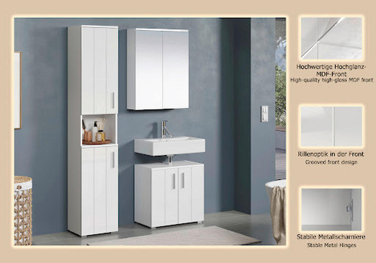 BADEZIMMER 3-teilig  in  - Weiß Hochglanz/Silberfarben, Trend, Holzwerkstoff/Kunststoff (112/192/32cm) - MID.YOU