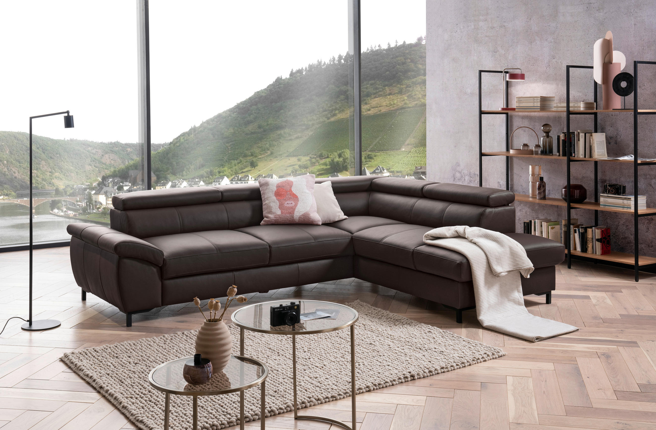 ECKSOFA Dunkelbraun Kombination Echtleder/Lederlook  - Dunkelbraun/Schwarz, Design, Leder/Metall (270/202cm)