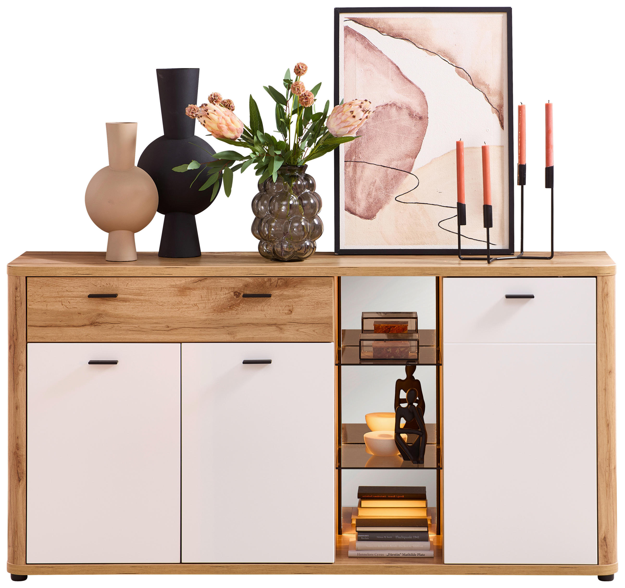 SIDEBOARD Weiss, Eiche Wotan  171/88/41 cm  - Weiss/Anthrazit, Modern, Glas/Holzwerkstoff (171/88/41cm) - Stylife