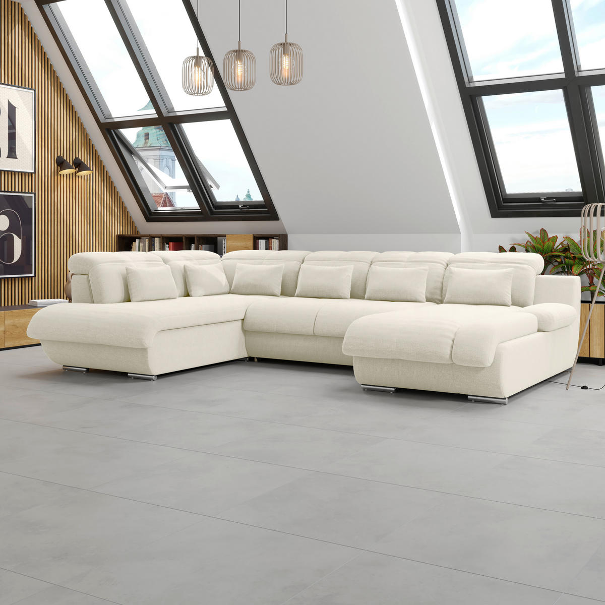 WOHNLANDSCHAFT MULTI Elfenbein Chenille  - Chromfarben/Elfenbein, MODERN, Textil/Metall (228/345/184cm) - Livetastic