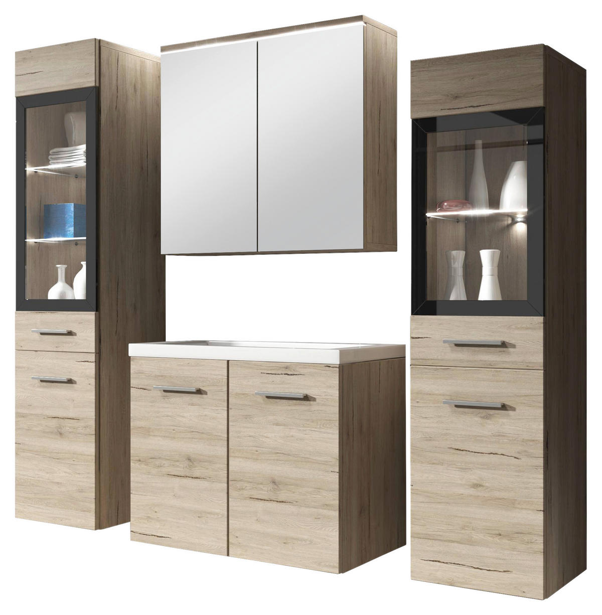 BADEZIMMER 5-teilig  in 120 cm  - Eiche San Remo/Weiß, Basics, Glas/Holzwerkstoff (120cm) - P & B