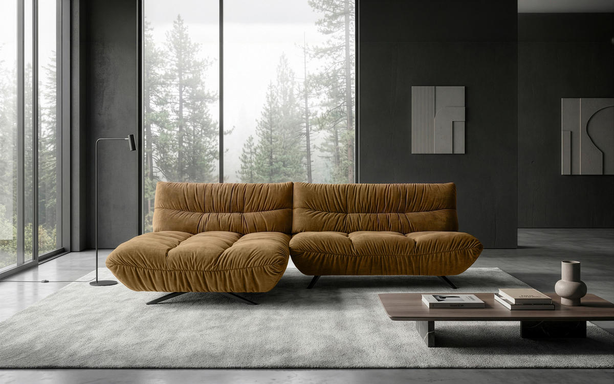 ECKSOFA Beigebraun Chenille Rücken echt, Sitztiefenverstellung  - Beigebraun/Schwarz, Design, Textil/Metall (178/295cm) - Belluti